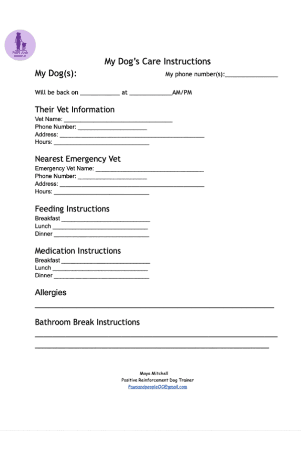 Dog Sitting Care Form 